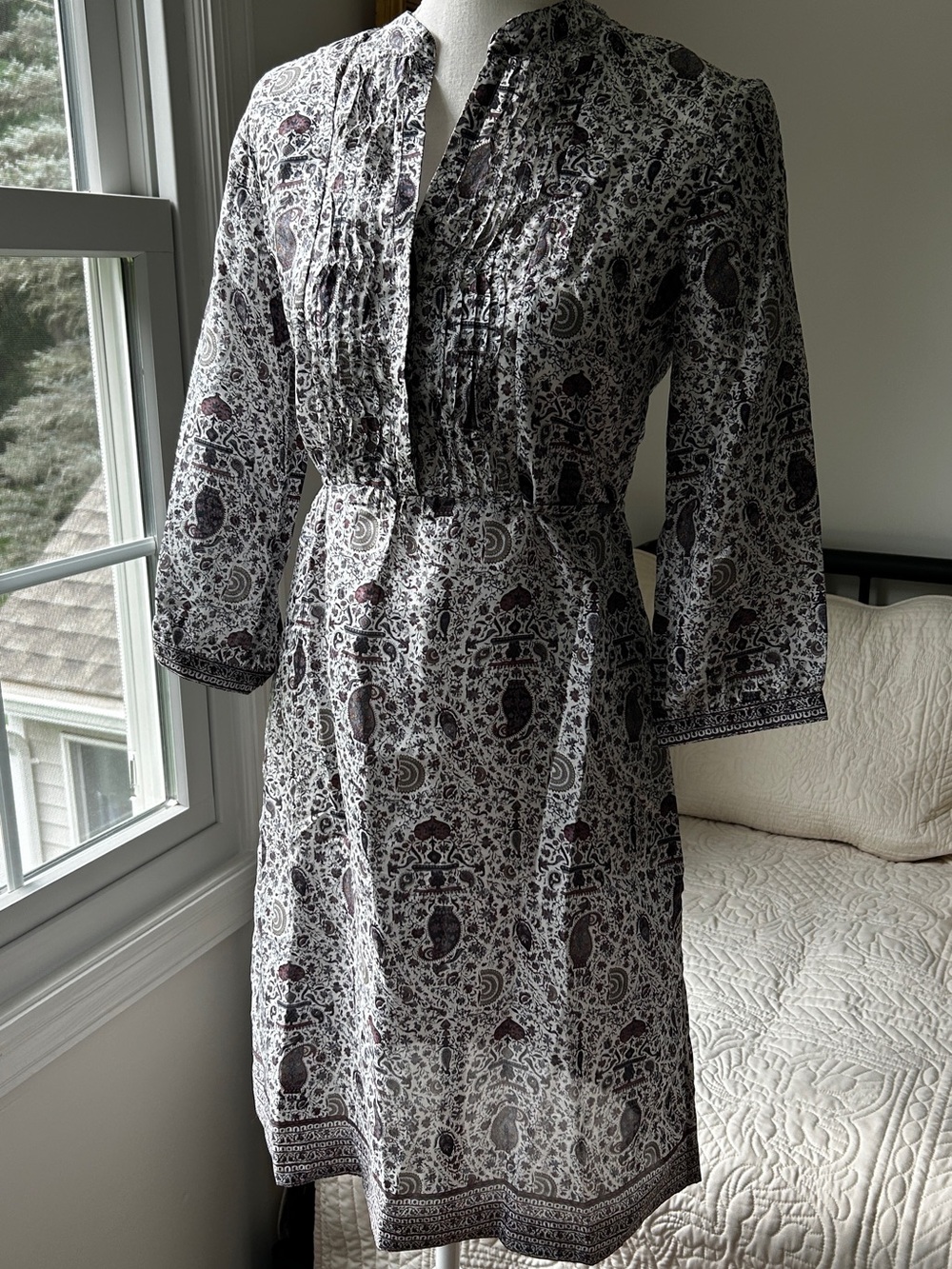 Massimo Dutti Cream and Brown Printed Silk Midi Dress